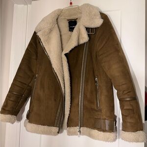 Pull&Bear Brown and Cream Teddy Aviator Jacket